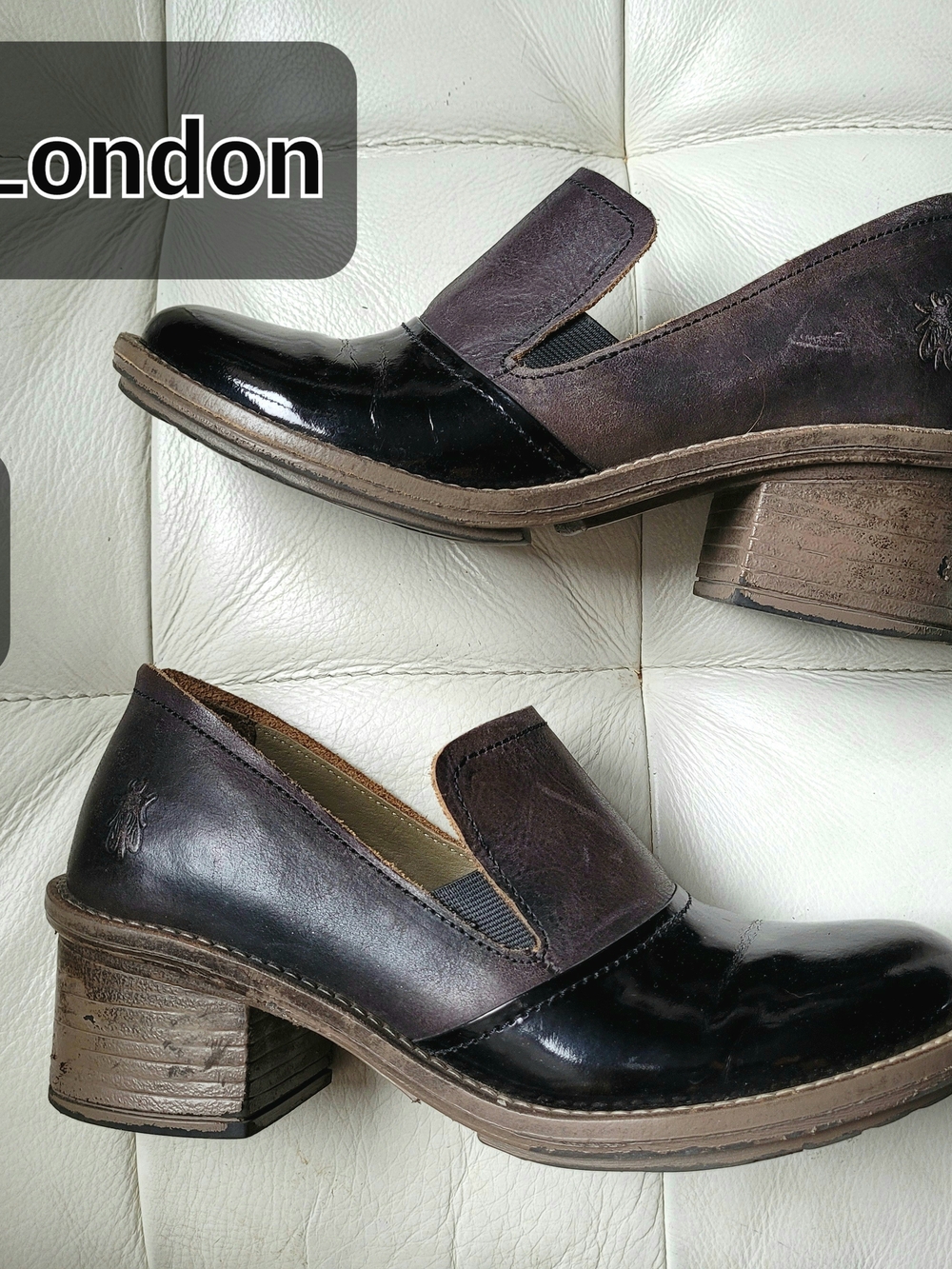 Fly London Two-Tone Brown & Black Leather Slip-On Heels